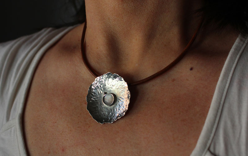 Water lily under the moon, lotus leaf necklace in silver and moonstone