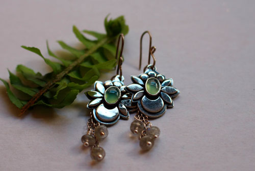 Water moon, moon flower earrings in silver, chrysoprase, and labradorite