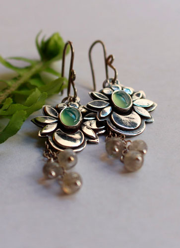 Water moon, moon flower earrings in silver, chrysoprase, and labradorite