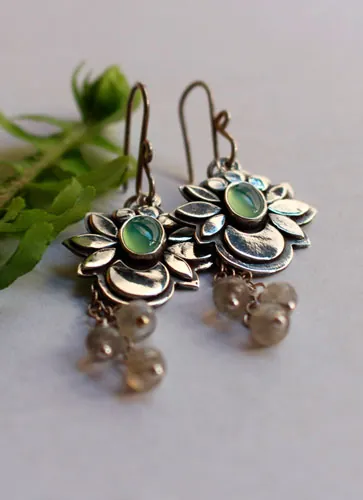 Water moon, moon flower earrings in silver, chrysoprase, and labradorite