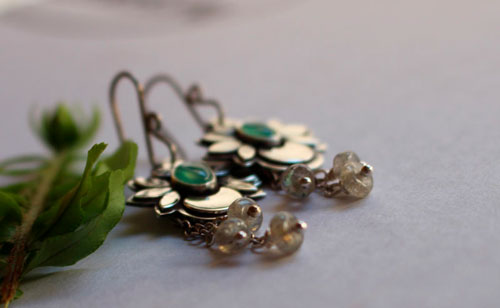 Water moon, moon flower earrings in silver, chrysoprase, and labradorite