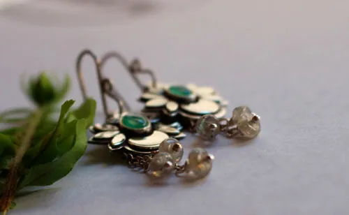 Water moon, moon flower earrings in silver, chrysoprase, and labradorite