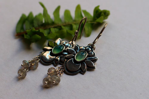 Water moon, moon flower earrings in silver, chrysoprase, and labradorite