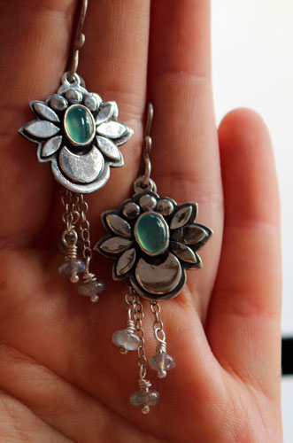 Water moon, moon flower earrings in silver, chrysoprase, and labradorite