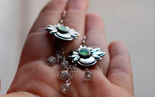Water moon, moon flower earrings in silver, chrysoprase, and labradorite