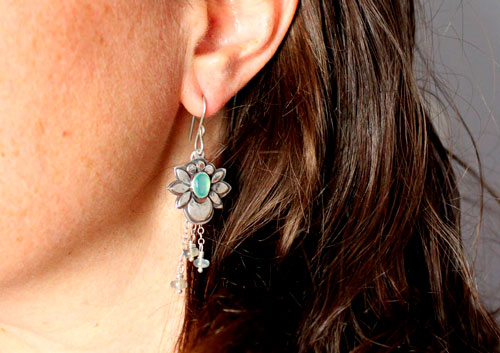 Water moon, moon flower earrings in silver, chrysoprase, and labradorite