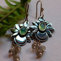 Water moon, moon flower earrings in silver, chrysoprase, and labradorite
