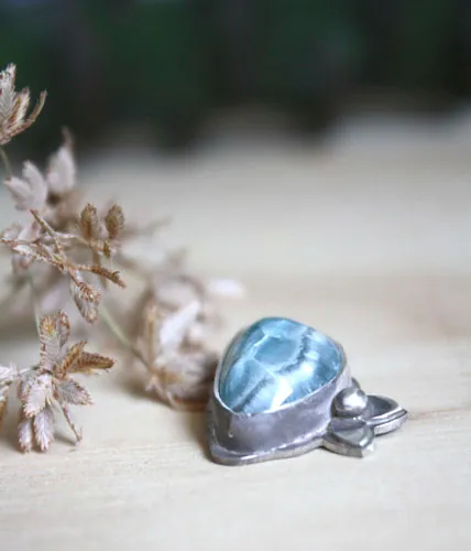 Water reflections, undergrowth stream pendant in silver and smithsonite