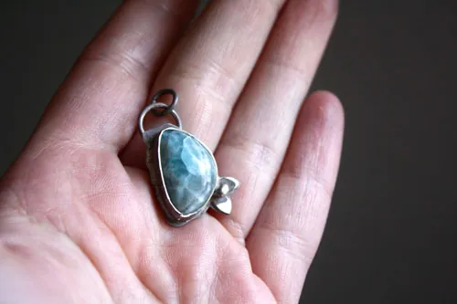 Water reflections, undergrowth stream pendant in silver and smithsonite