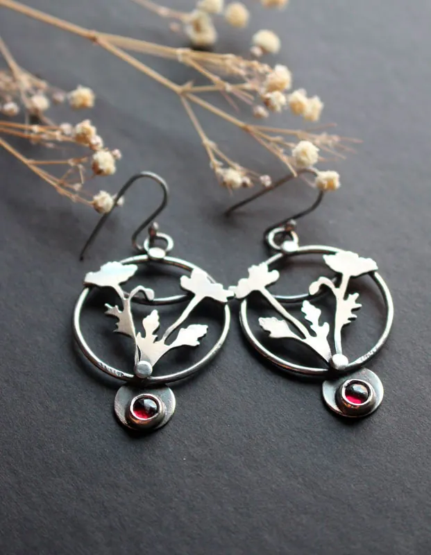 Wild poppy, ephemeral flower earrings in silver and garnet