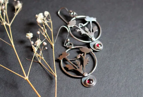 Wild poppy, ephemeral flower earrings in silver and garnet