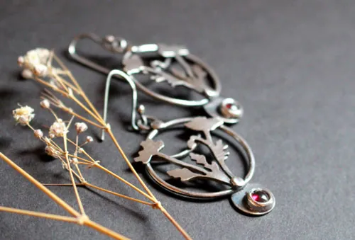 Wild poppy, ephemeral flower earrings in silver and garnet
