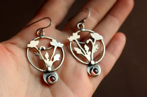 Wild poppy, ephemeral flower earrings in silver and garnet