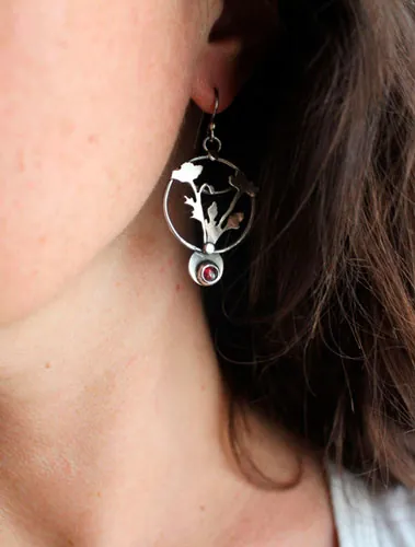 Wild poppy, ephemeral flower earrings in silver and garnet