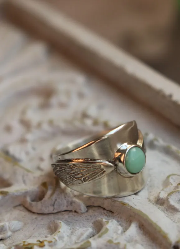 Wingbeats, Harry Potter golden snitch ring in silver and chrysoprase
