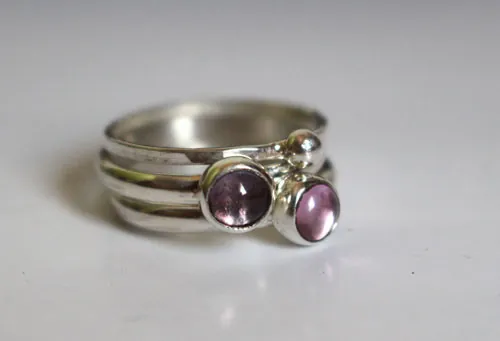 Wisteria cluster, stackable ring in silver, alexandrite and pink sapphire