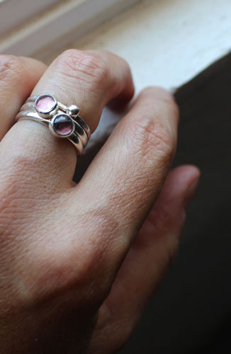 Wisteria cluster, stackable ring in silver, alexandrite and pink sapphire