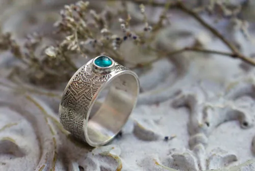 With the water’s flow, abundance mandala ring in silver and apatite