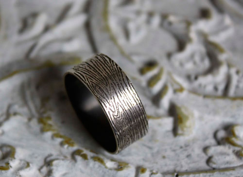 Wood, tree trunk texture ring in sterling silver