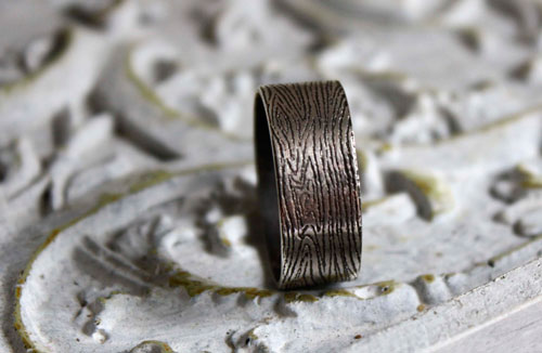 Wood, tree trunk texture ring in sterling silver