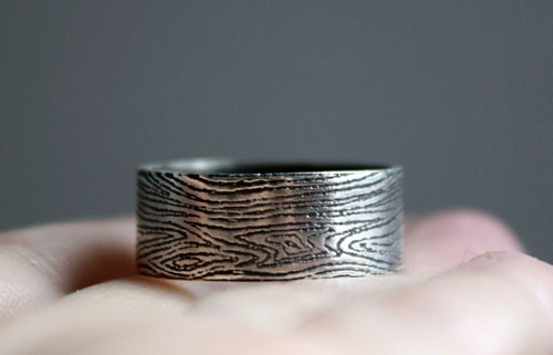 Wood, tree trunk texture ring in sterling silver