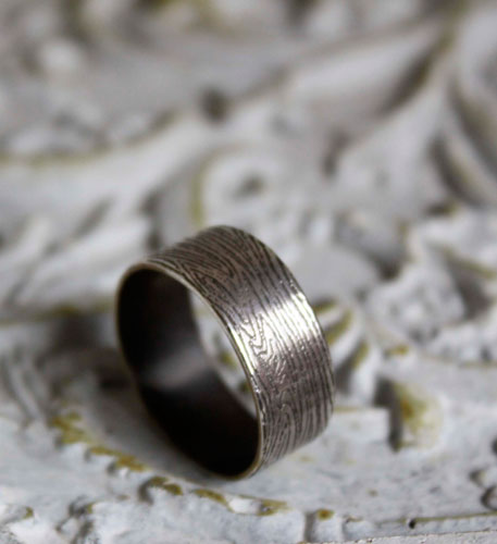 Wood, tree trunk texture ring in sterling silver