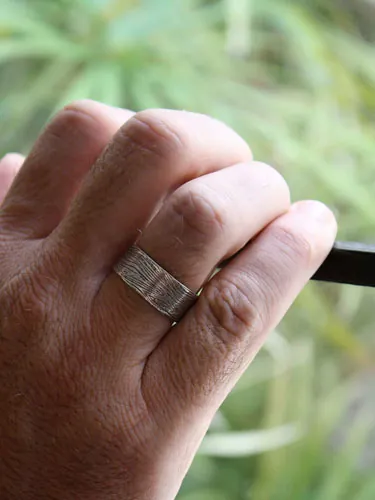 Wood, tree trunk texture ring in sterling silver
