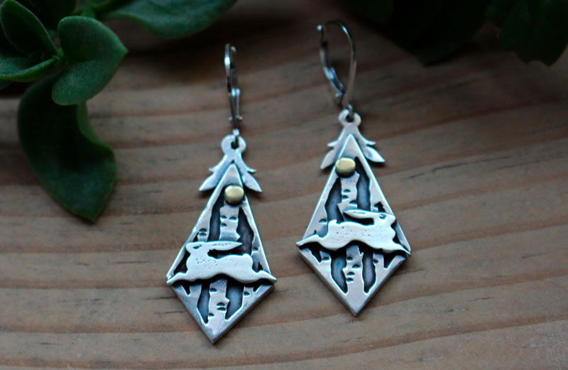 Woodland hare, rabbit in the forest earrings in silver and brass