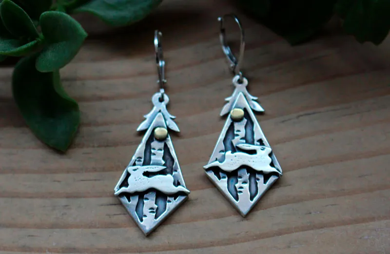 Woodland hare, rabbit in the forest earrings in silver and brass