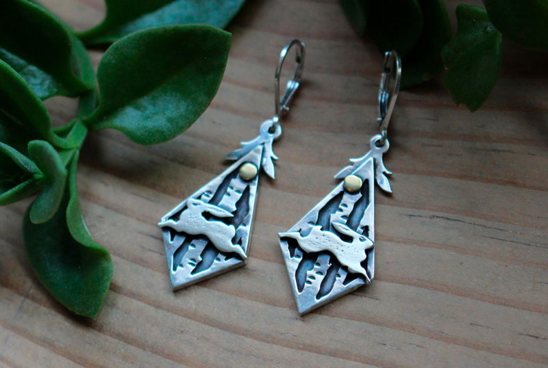 Woodland hare, rabbit in the forest earrings in silver and brass