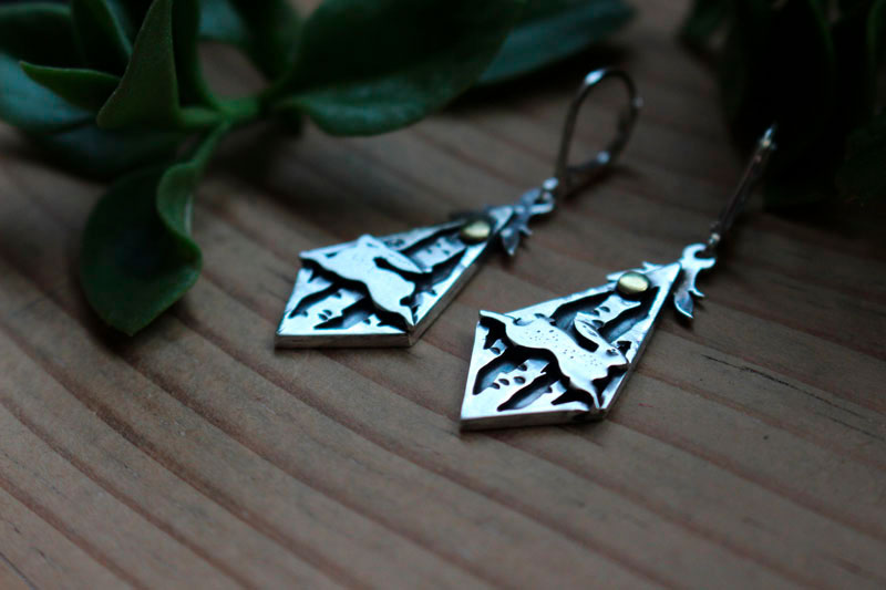 Woodland hare, rabbit in the forest earrings in silver and brass
