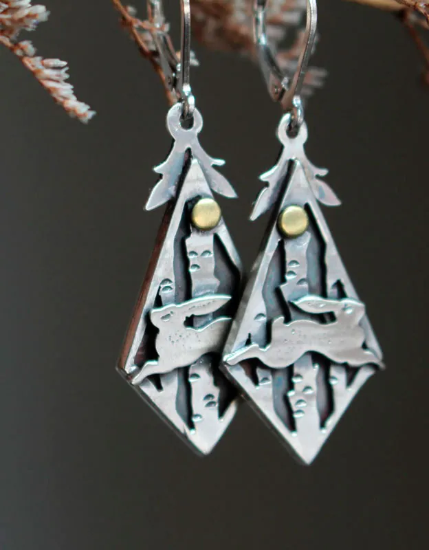 Woodland hare, rabbit in the forest earrings in silver and brass