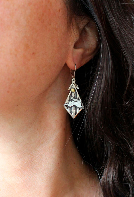 Woodland hare, rabbit in the forest earrings in silver and brass