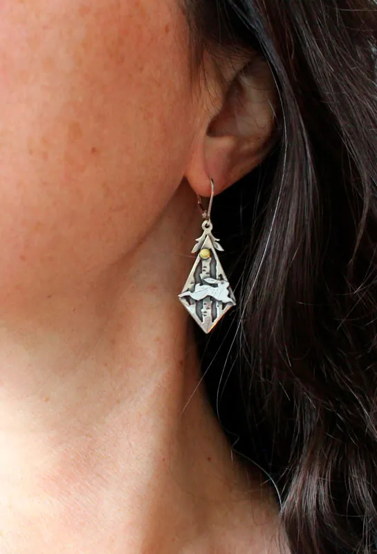 Woodland hare, rabbit in the forest earrings in silver and brass