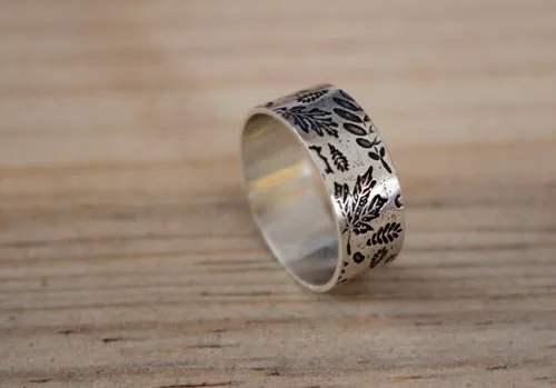 Woodland leaf herbarium, nature’s imprint ring in sterling silver