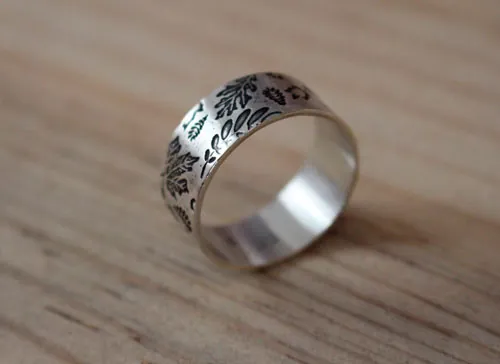 Woodland leaf herbarium, nature’s imprint ring in sterling silver