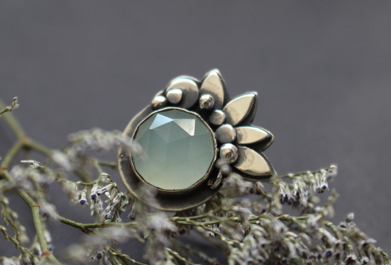 Water lily under the moonlight, lotus flower ring in sterling silver and chalcedony