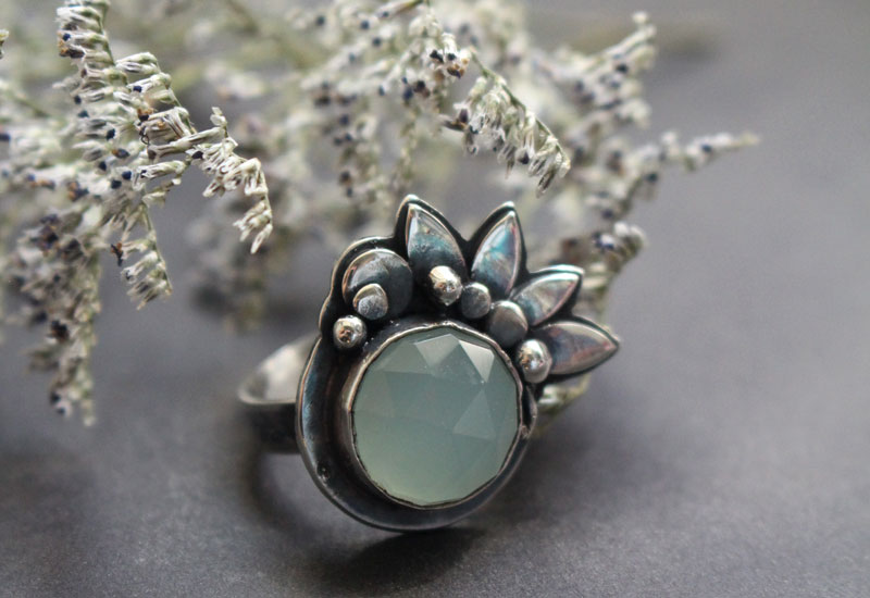 Water lily under the moonlight, lotus flower ring in sterling silver and chalcedony