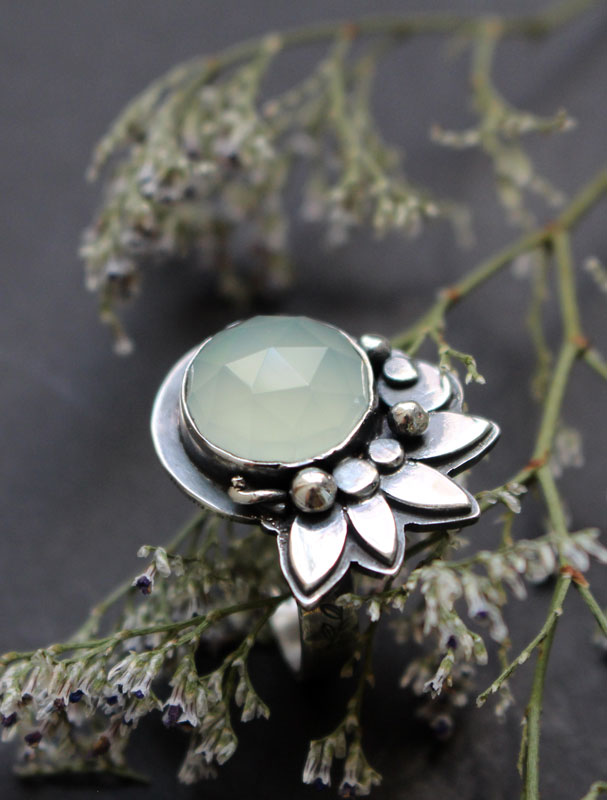 Water lily under the moonlight, lotus flower ring in sterling silver and chalcedony