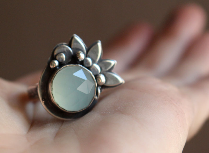 Water lily under the moonlight, lotus flower ring in sterling silver and chalcedony