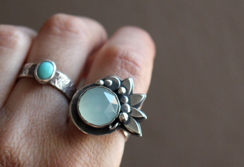 Water lily under the moonlight, lotus flower ring in sterling silver and chalcedony