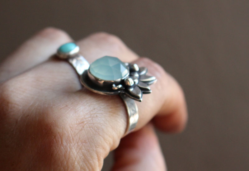 Water lily under the moonlight, lotus flower ring in sterling silver and chalcedony