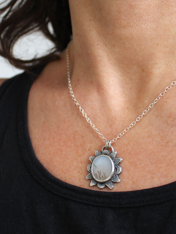 Winter sun, nature necklace in silver and dendritic agate