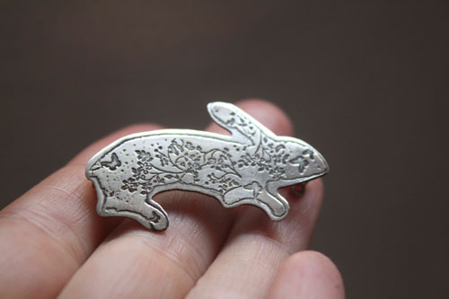 Woods hare, fantastic rabbit brooch in sterling silver