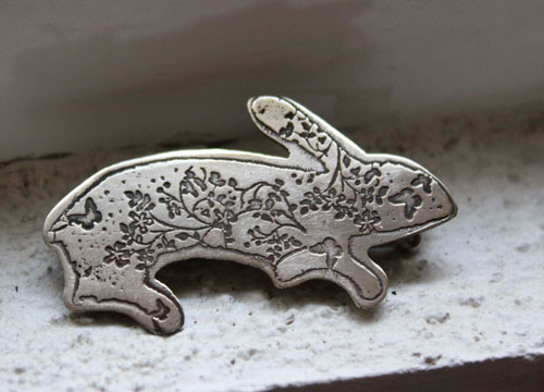 Woods hare, fantastic rabbit brooch in sterling silver