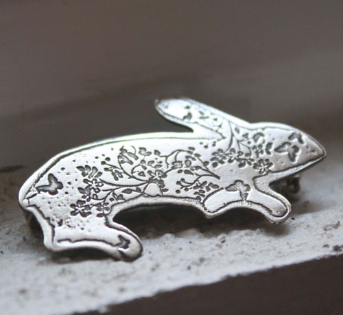 Woods hare, fantastic rabbit brooch in sterling silver