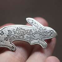 Woods hare, fantastic rabbit brooch in sterling silver