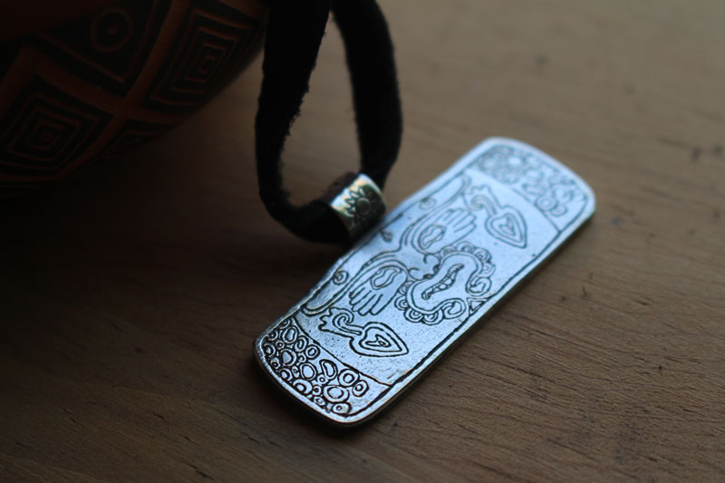 Xochipilli, Aztec drum necklace in sterling silver
