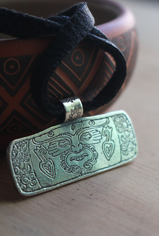 Xochipilli, Aztec drum necklace in sterling silver