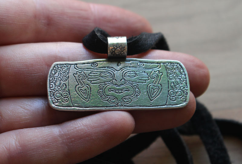 Xochipilli, Aztec drum necklace in sterling silver